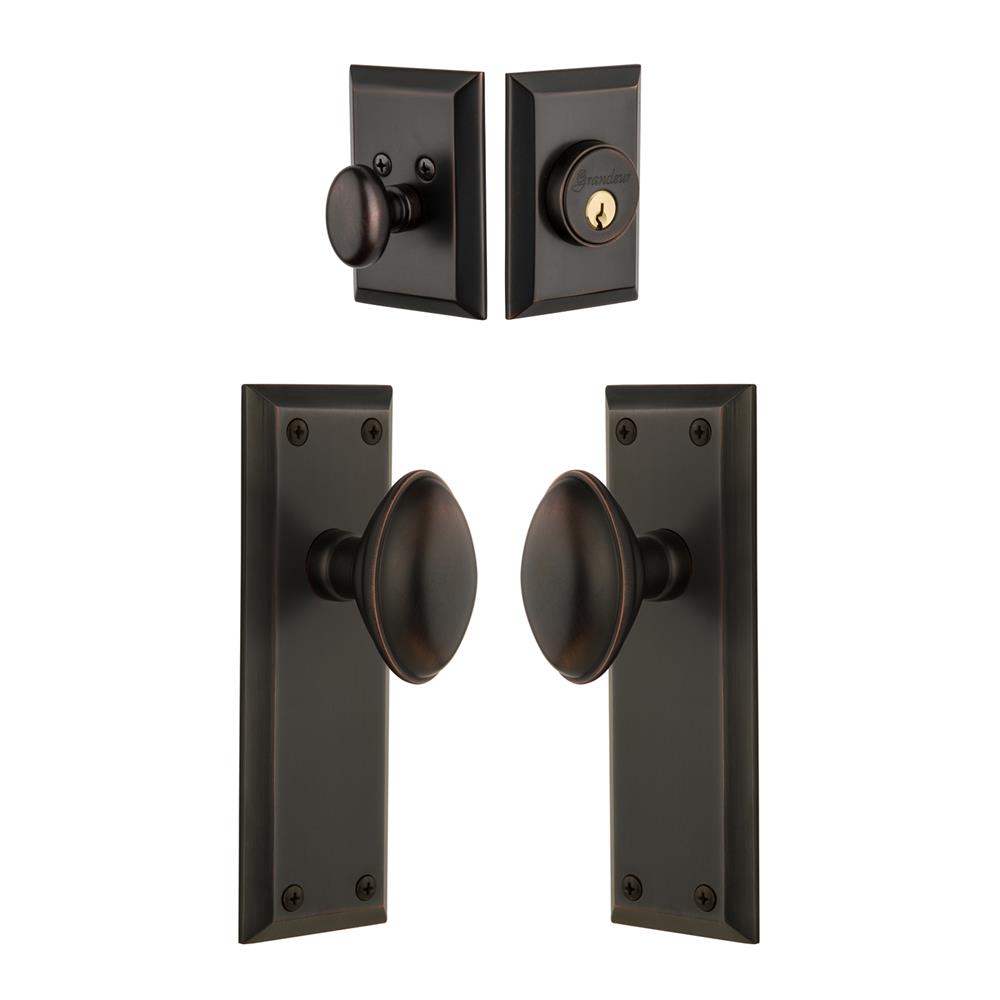 Grandeur by Nostalgic Warehouse Single Cylinder Combo Pack Keyed Differently - Fifth Avenue Plate with Eden Prairie Knob and Matching Deadbolt in Timeless Bronze